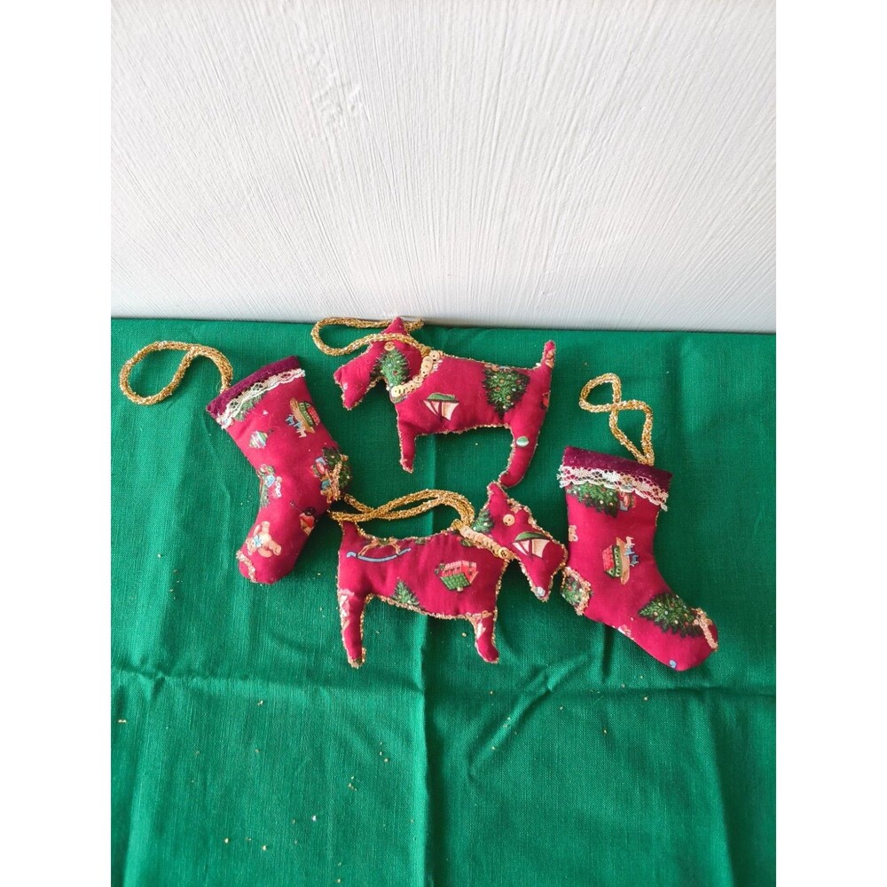 Set Of 4 Vintage Handmade Fabric Scotty Dog Stocking Ornaments Christmas